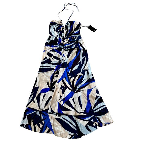 WHBM Satin Halter Maxi Blue Dress NWT $180 Abstract Print Modern - Picture 4 of 16